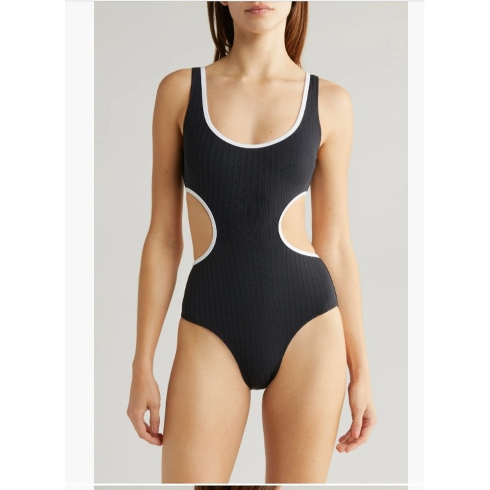 Solid & Striped The Sarah One Piece Swimsuit Black White Ribbed Cutout